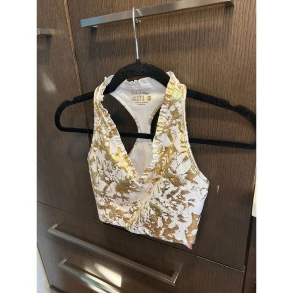 Lilly Pulitzer Lindsay Sports Bra UPF 50+ Gold Shoreline Foil Size Xxs NWT